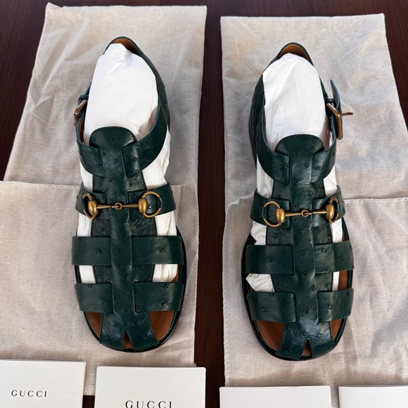 Gucci Exotics Men’s Emerald Green Ostrich Leather Fisherman Sandals Size 10 NWT - Picture 4 of 16